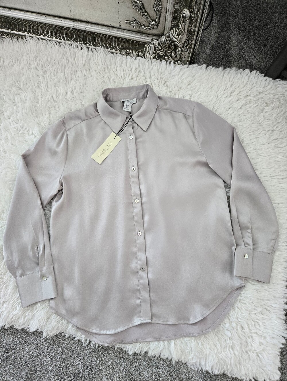 Rachel Zoe long-sleeve satin button-down blouse in a champagne/taupe hue. Large
